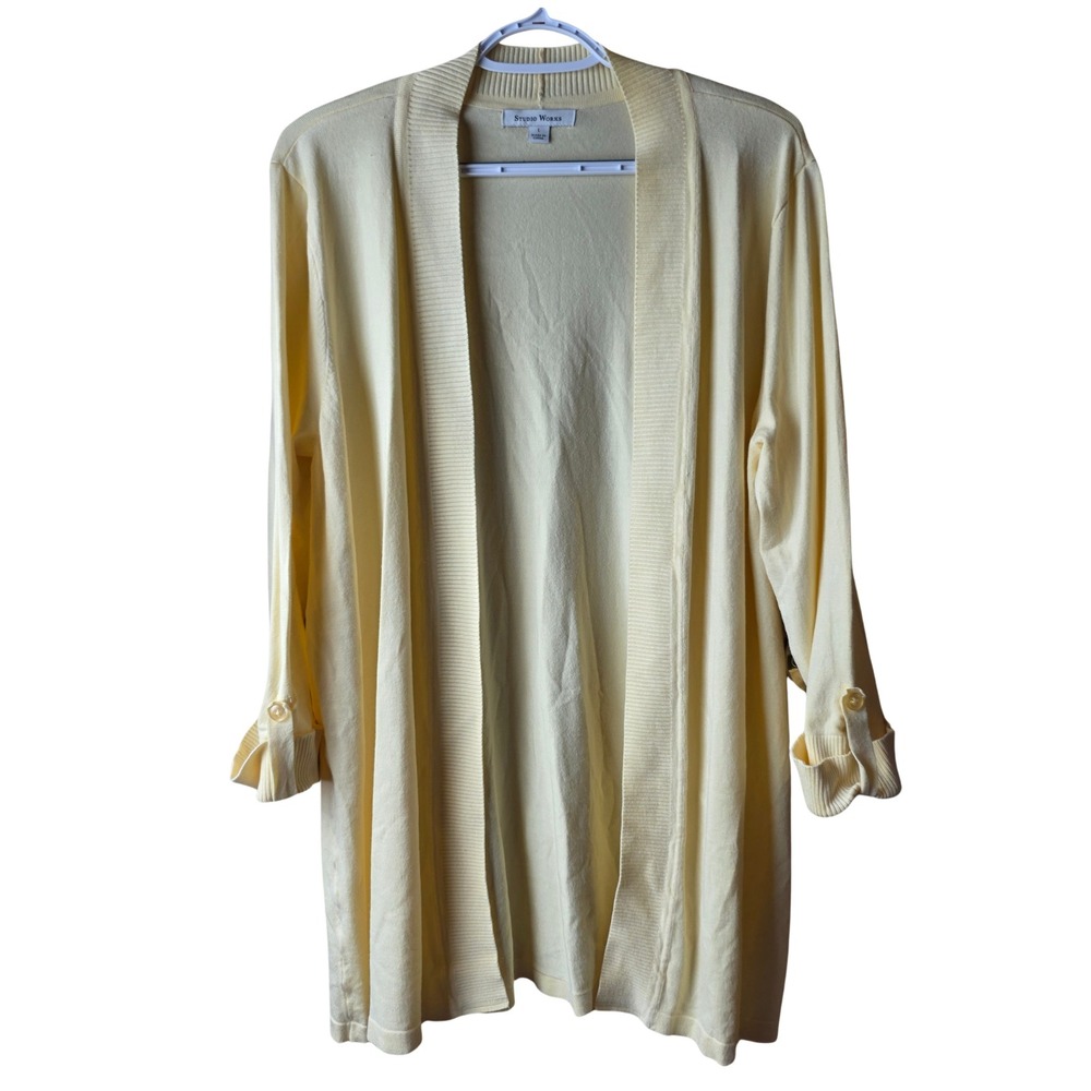 Studio Works L Yellow Open Front Long Cardigan Sweater Roll Tab Sleeve